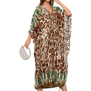 Women's Green-Leopard Spots Strips V-Neck Batwing Sleeves Summer Cover Up Kaftan